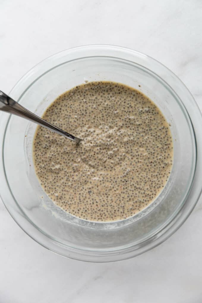 peanut butter chia pudding in a clear mixing bowl