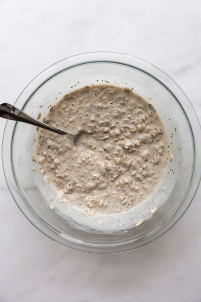 oats, chia seeds and almond milk in a mixing bowl