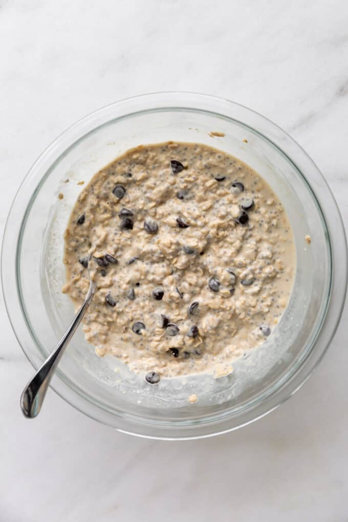 cookie dough overnight oats in a mixing bowl