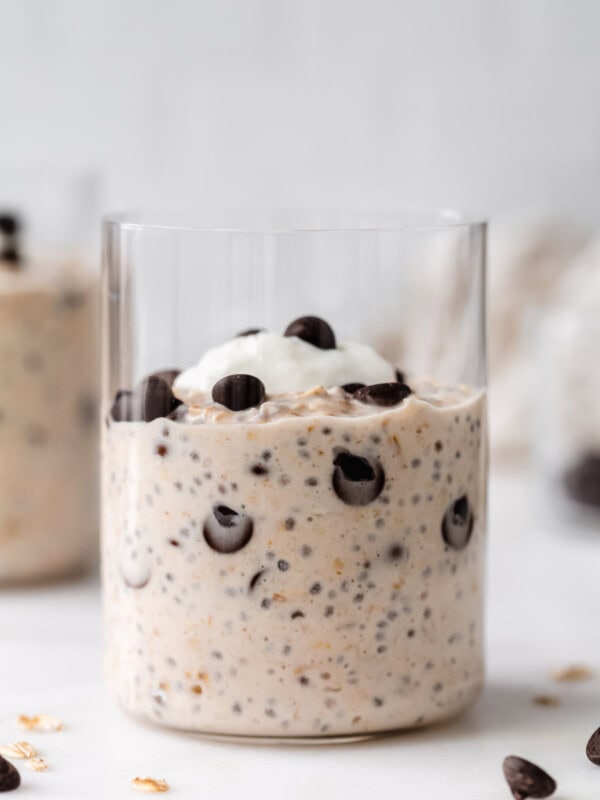 chocolate chip cookie dough overnight oats in a glass