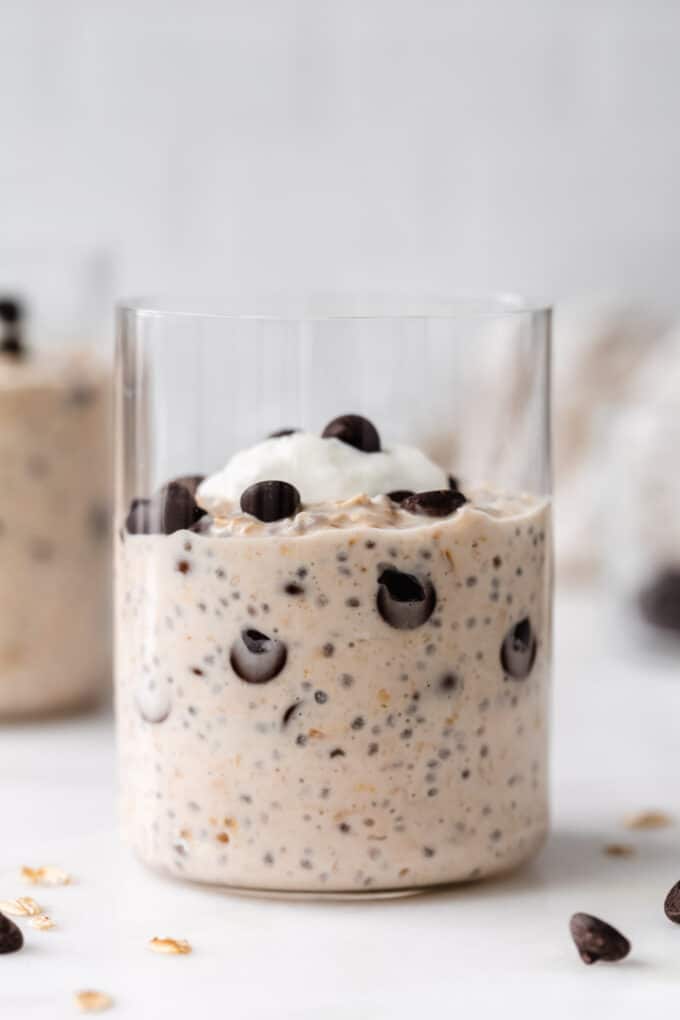 chocolate chip cookie dough overnight oats in a glass