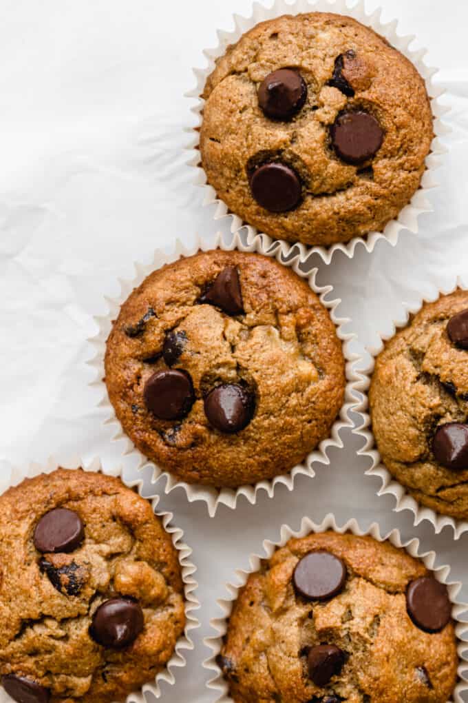 banana oat flour muffins with chocolate chips on parchment paper