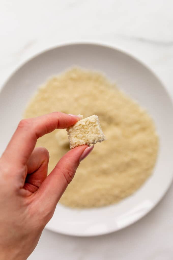 a piece of tofu coated in panko breadcrumbs