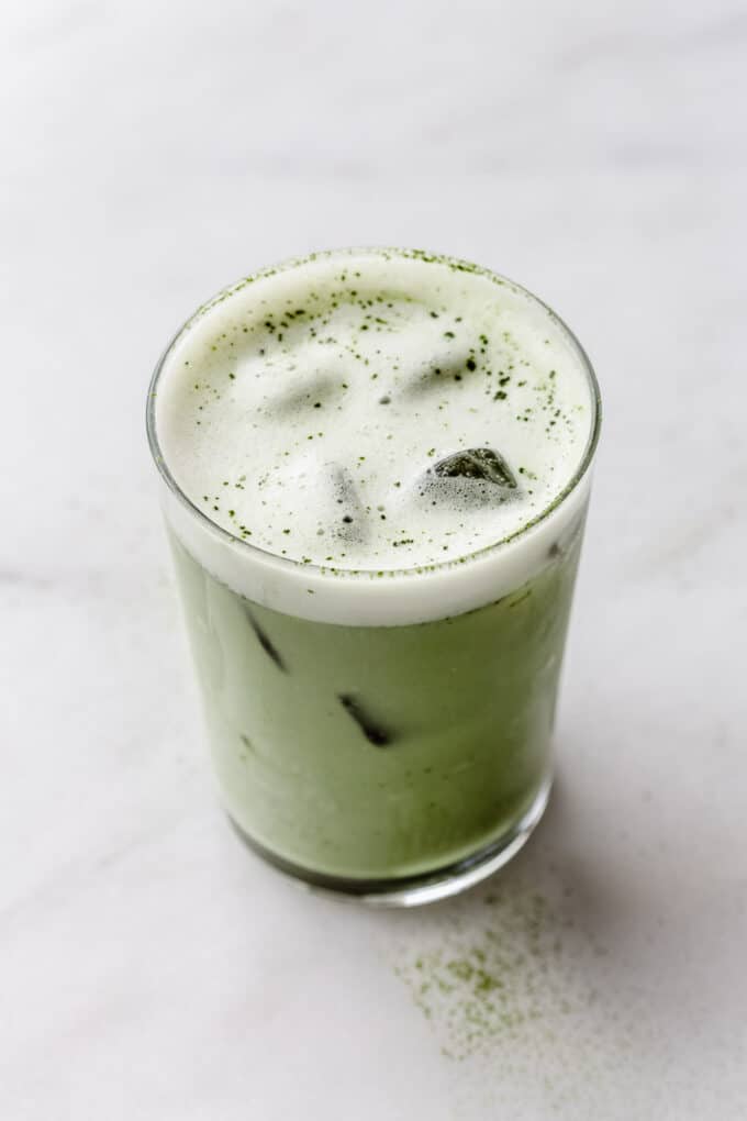 an iced matcha latte in a glass