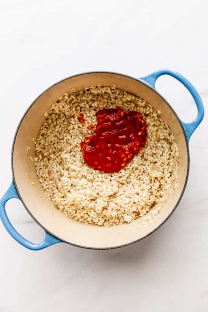 arborio rice and strained tomatoes in a blue pot