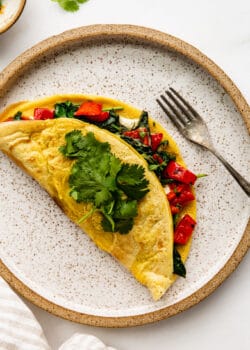 a chickpea flour omlette stuffed with peppers and spinach on a ceramic plate