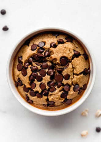 cookie baked oatmeal with chocolate chips in a ramekin