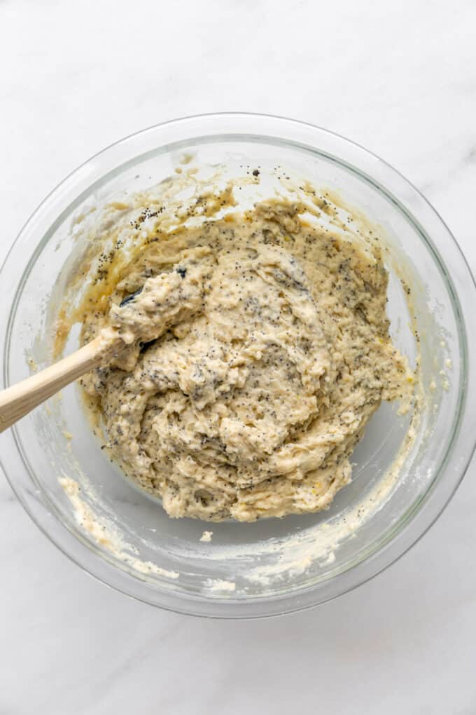 lemon poppyseed muffin batter in a mixing bowl
