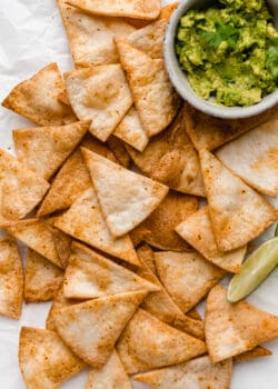 air fryer tortilla chips with guacamole on the side