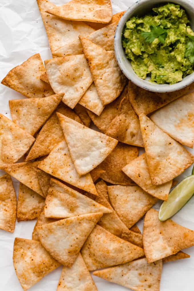 air fryer tortilla chips with guacamole on the side