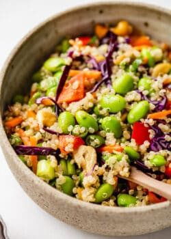 A close up of edamame quinoa salad in a bowl