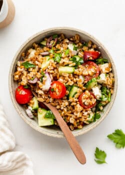 a bowl of Greek farro salad with a wood spoon in it