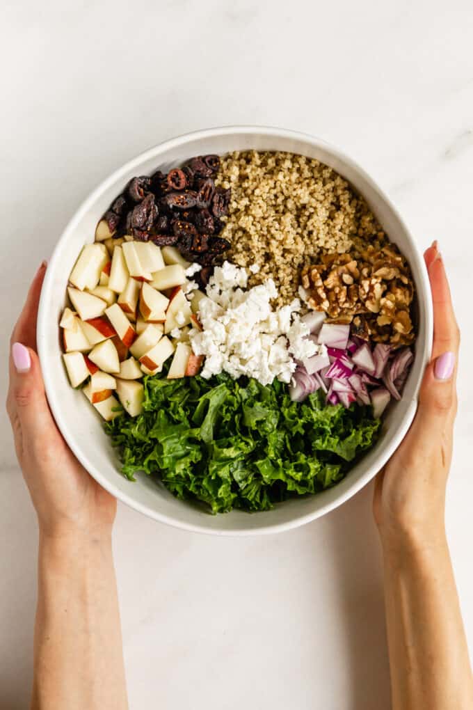 two hands holding a bowl with ingredients for apple quinoa salad