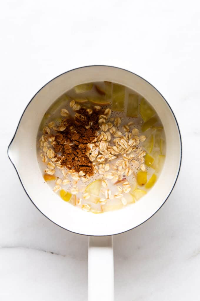 oats, cinnamon, almond milk and apples in a white pot