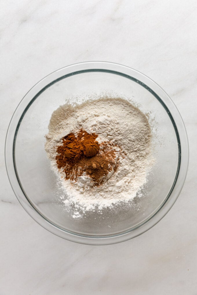 flour, cinnamon and nutmeg in a mixing bowl