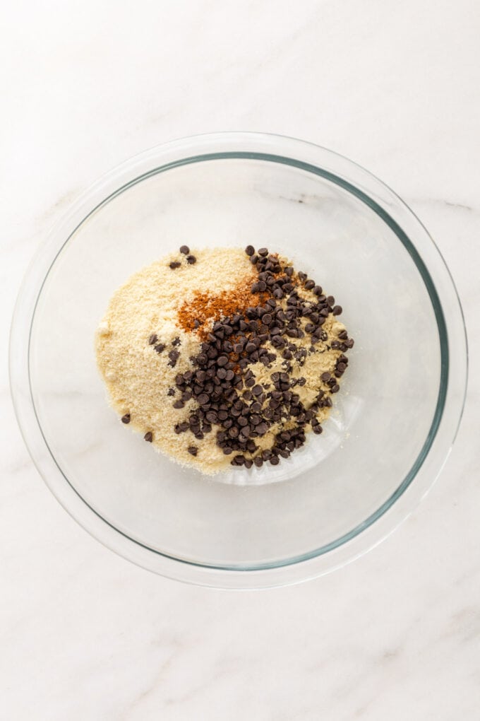 almond flour, spices and chocolate chips in a mixing bowl