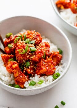A bowl of gochujang Tofu topped with scallions