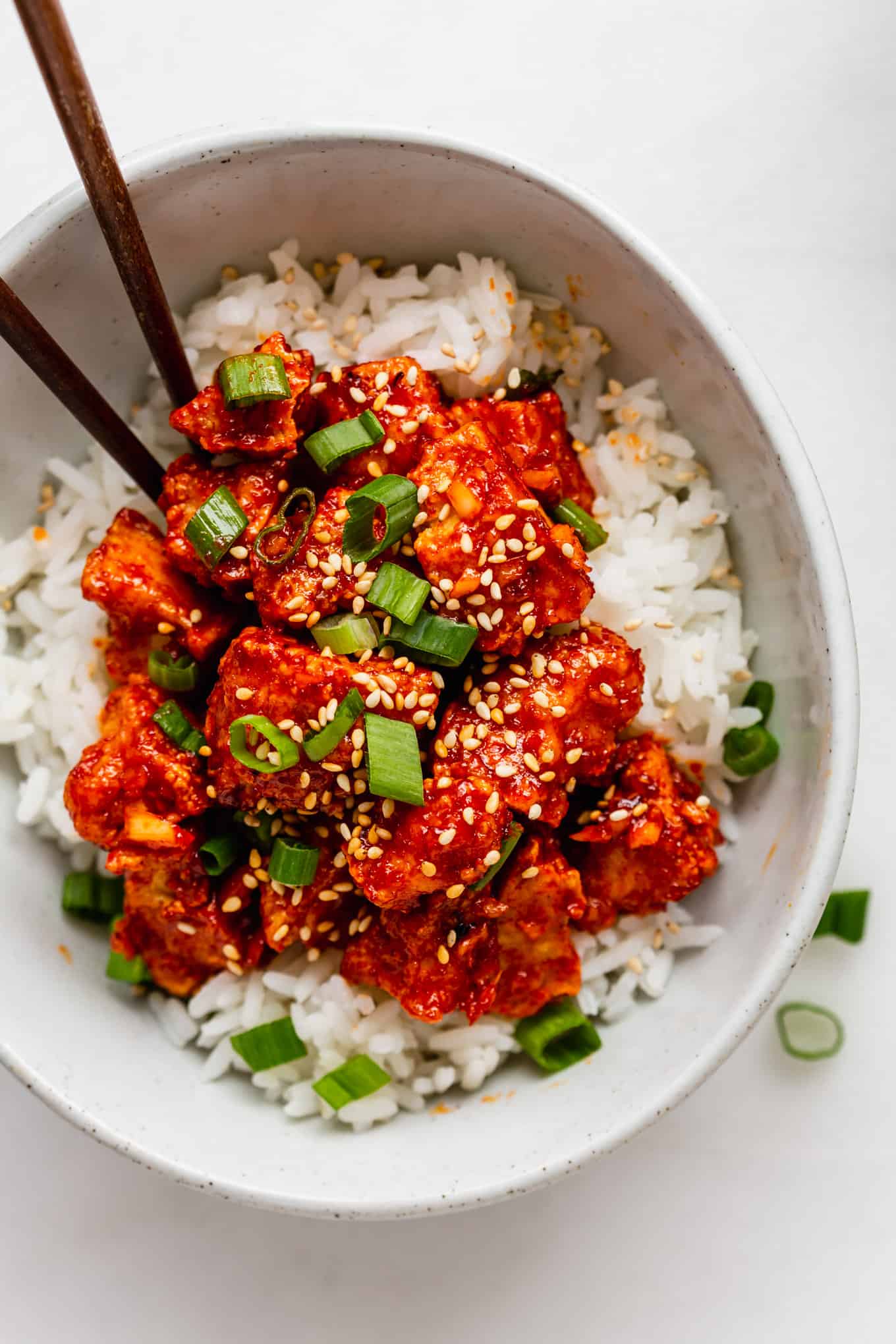 Gojuchang Tofu in a bowl on rice