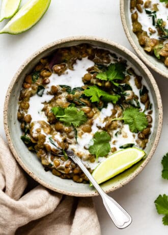 a bowl of green lentil curry with cilantro on top