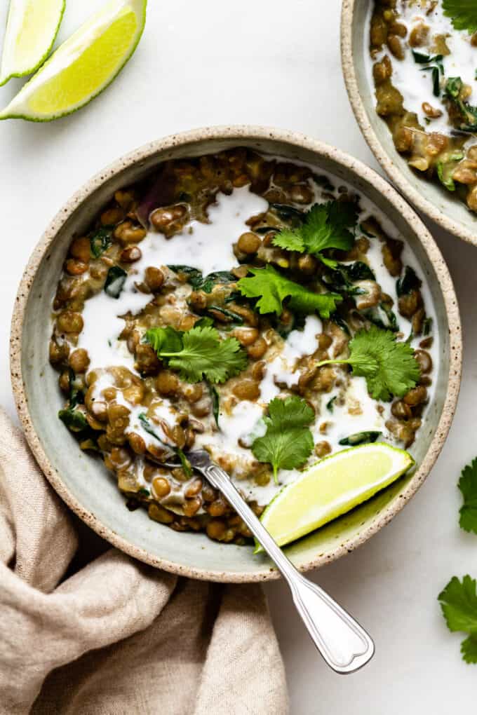 a bowl of green lentil curry with cilantro on top