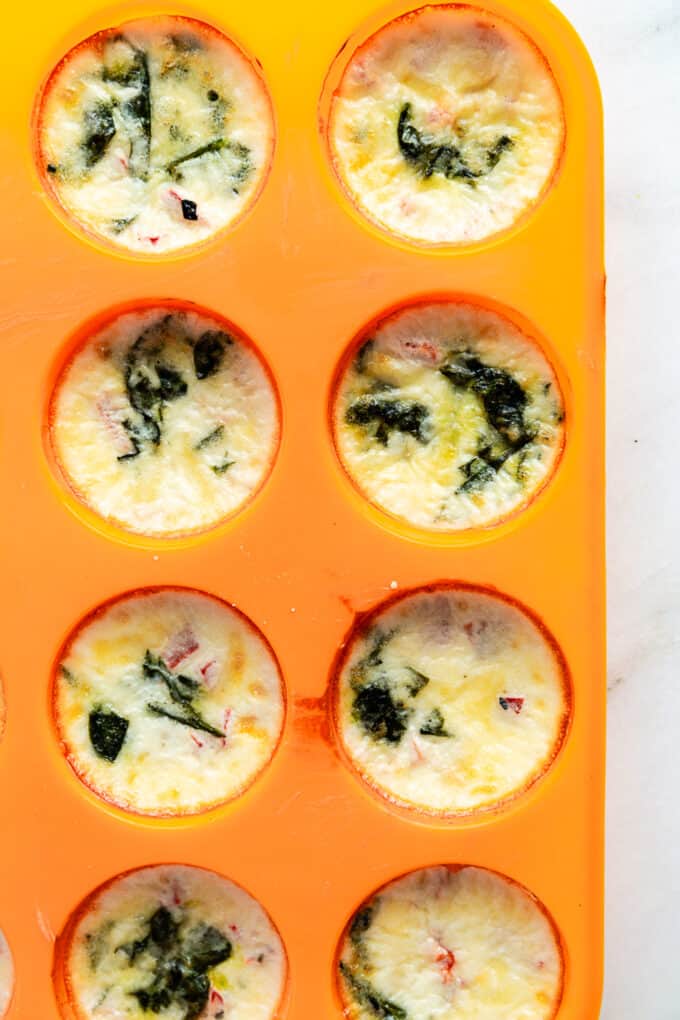 egg white bites in an orange silicone muffin pan