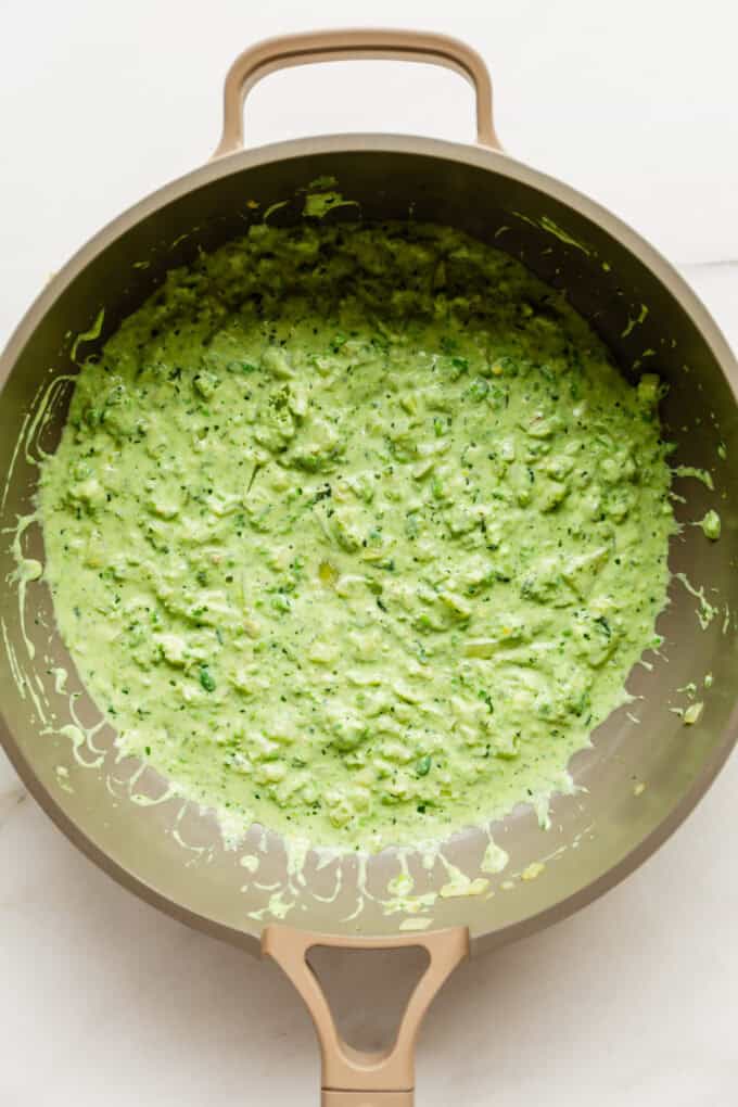 ricotta and pea sauce in a pan