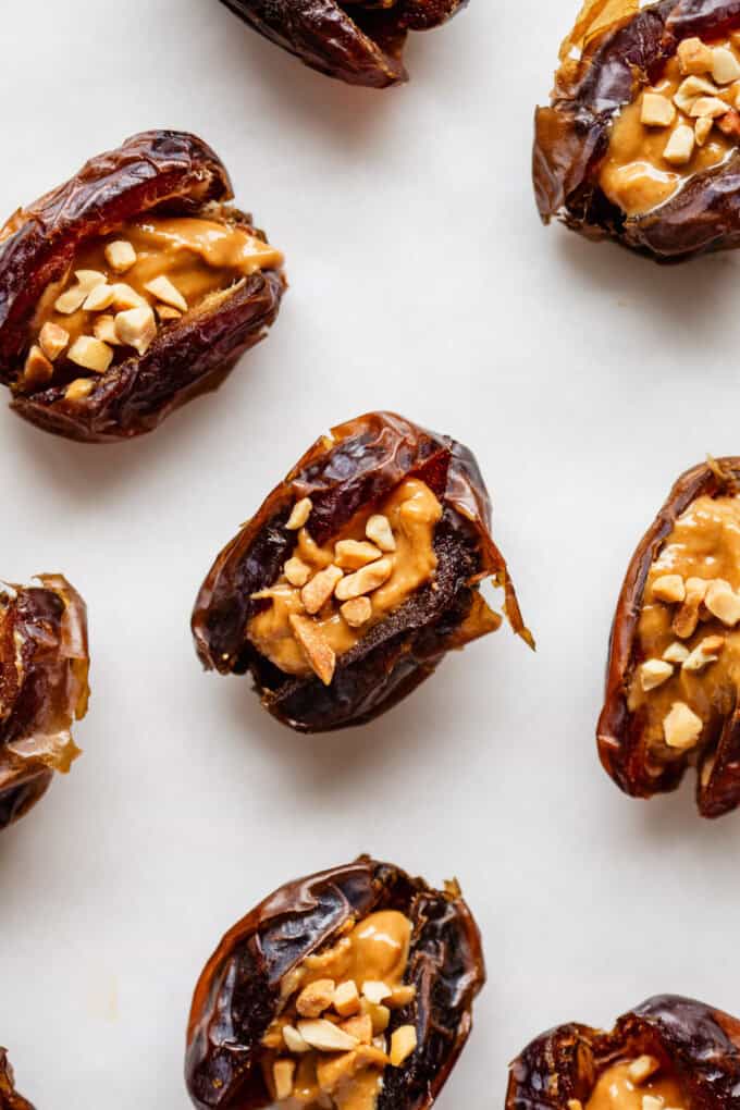 medjool dates stuffed with peanut butter and crushed peanuts