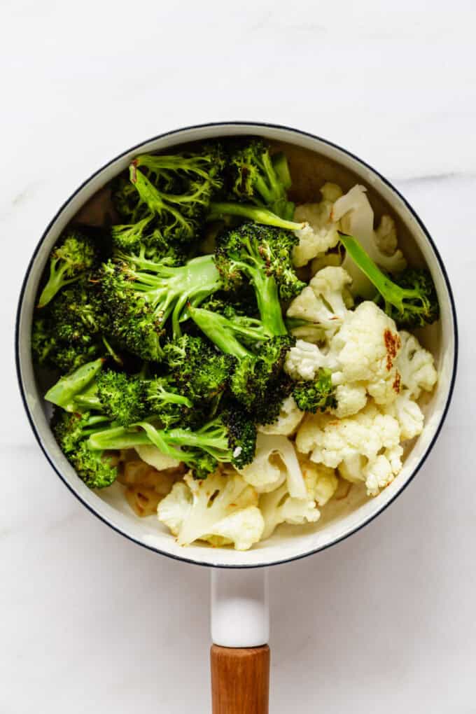 roasted broccoli and cauliflower in a white pot