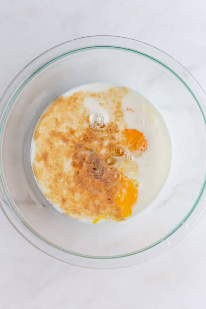 eggs, milk and vanilla extract in a mixing bowl