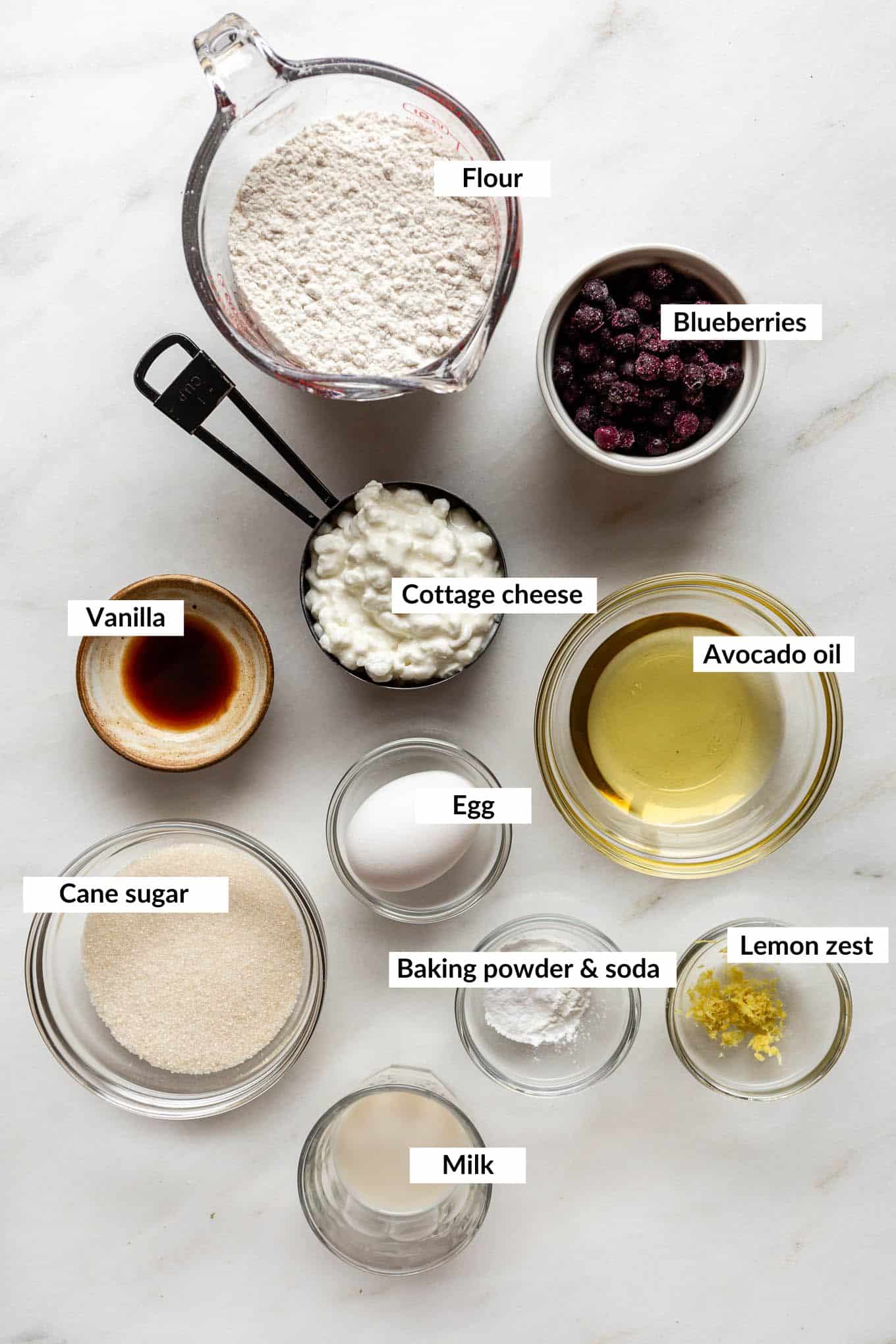 Ingredients for cottage cheese blueberry muffins.