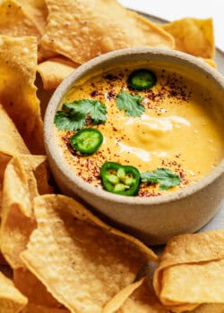Cottage cheese queso with tortilla chips on a plate.
