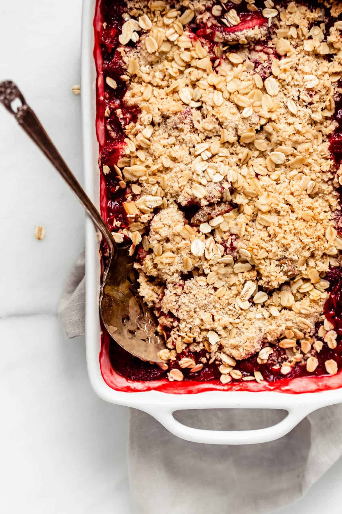strawberry rhubarb crisp in a baking dish.