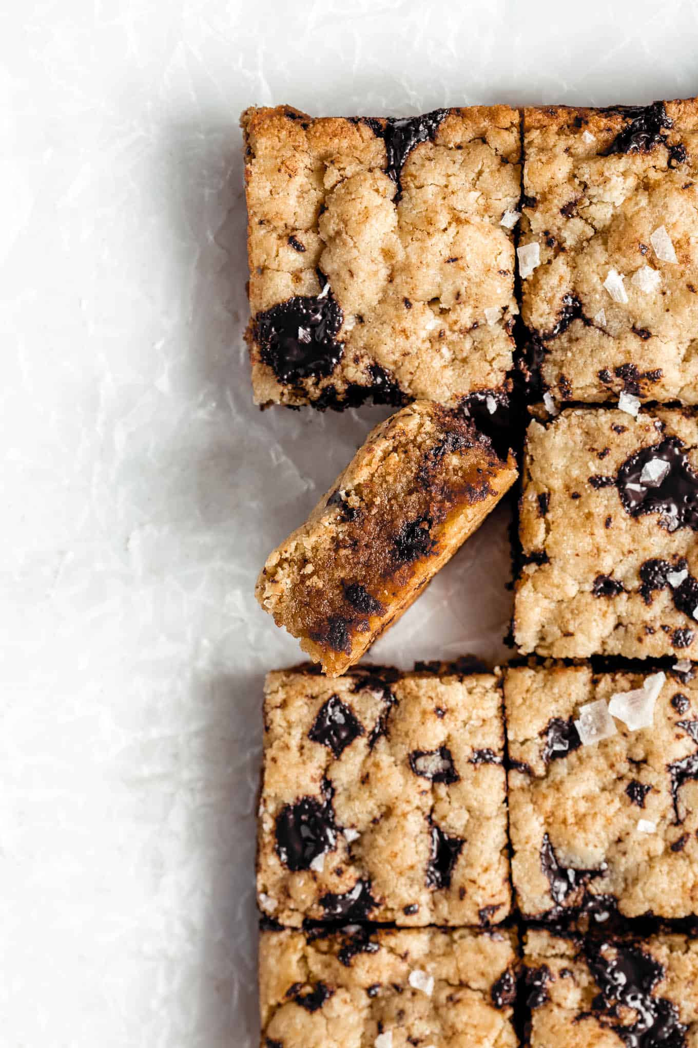 paleo tahini blondies cut into squares.