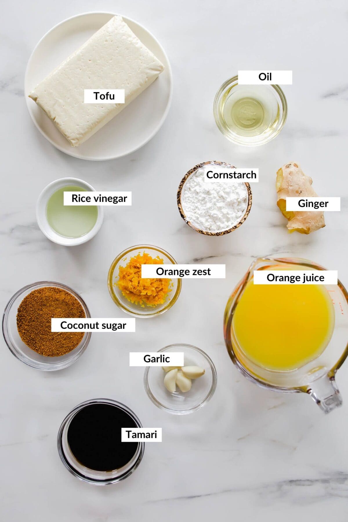 Ingredients for orange tofu.