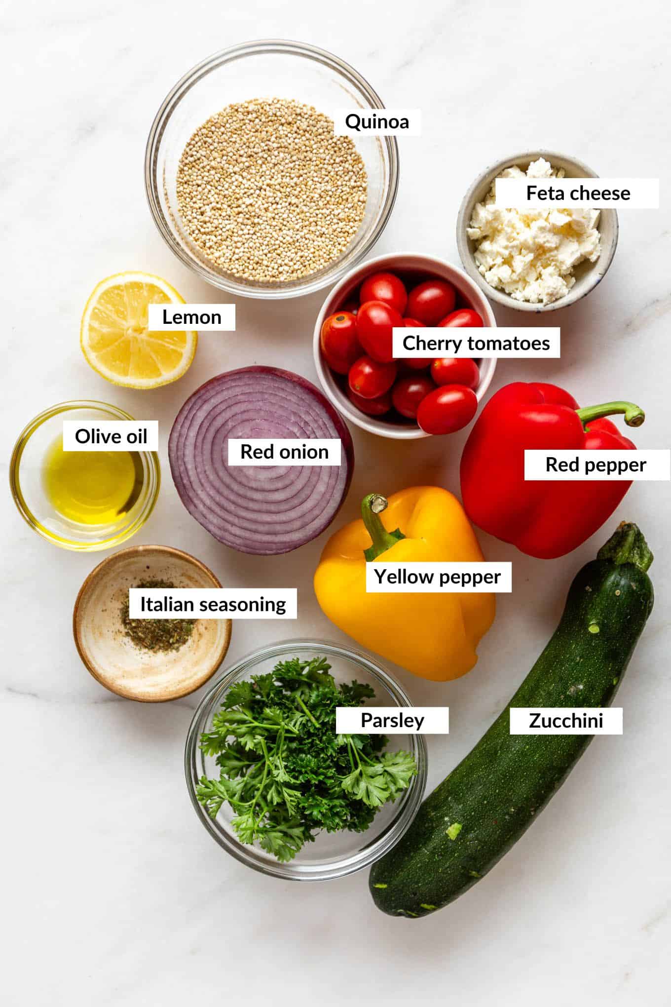 Ingredients for roasted vegetable quinoa salad.