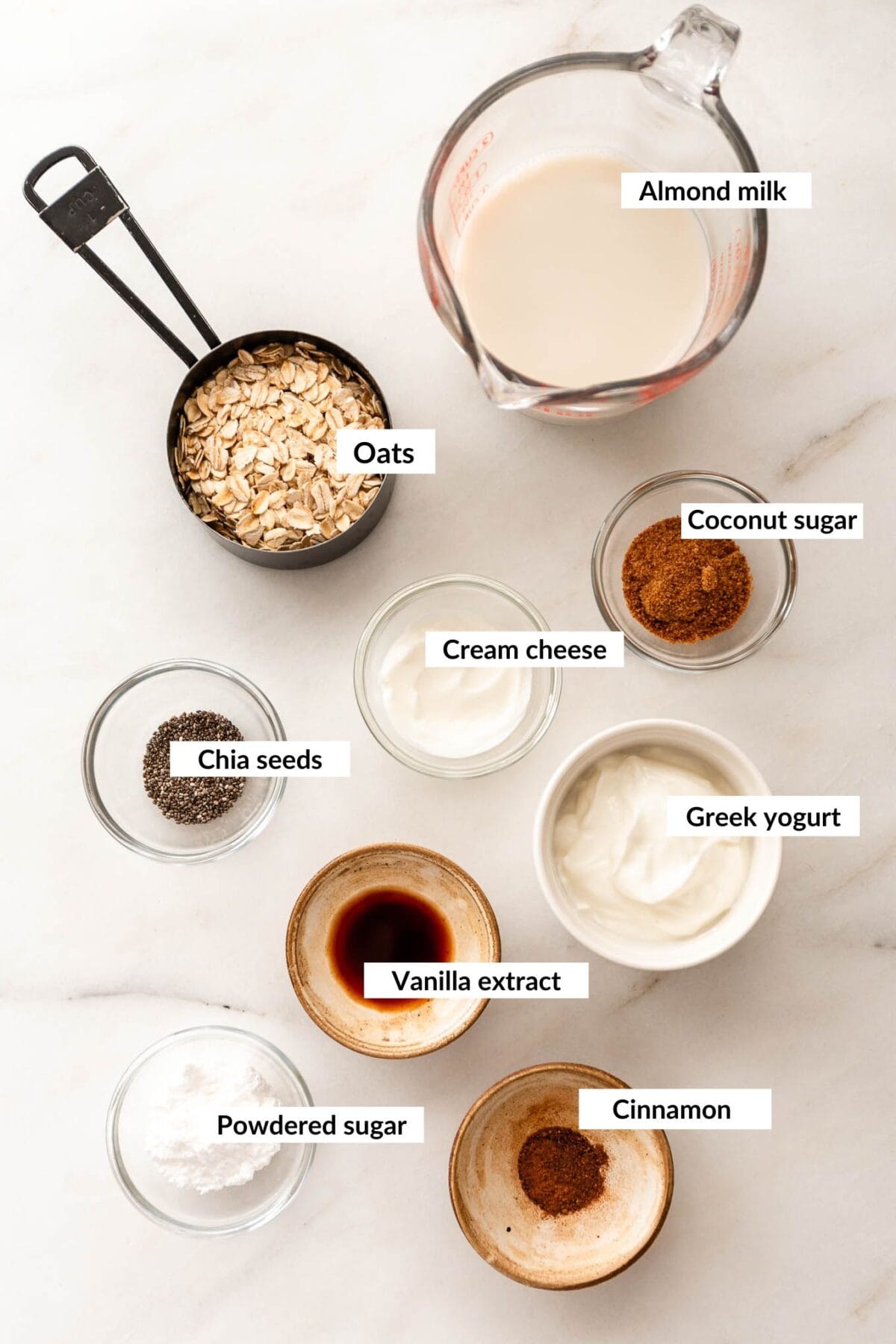 Ingredients for cinnamon roll overnight oats.