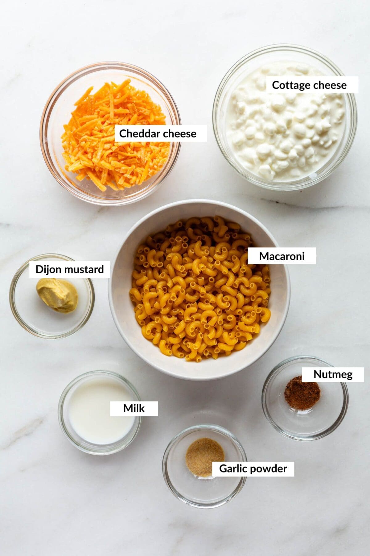 Ingredients for cottage cheese mac and cheese.