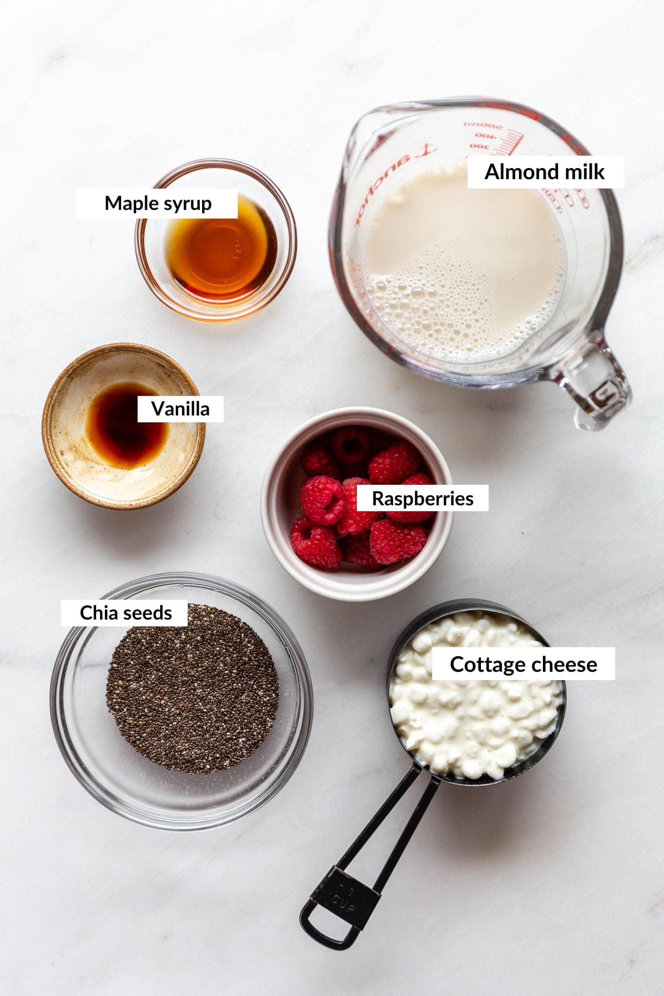 Ingredients for protein chia seed pudding.