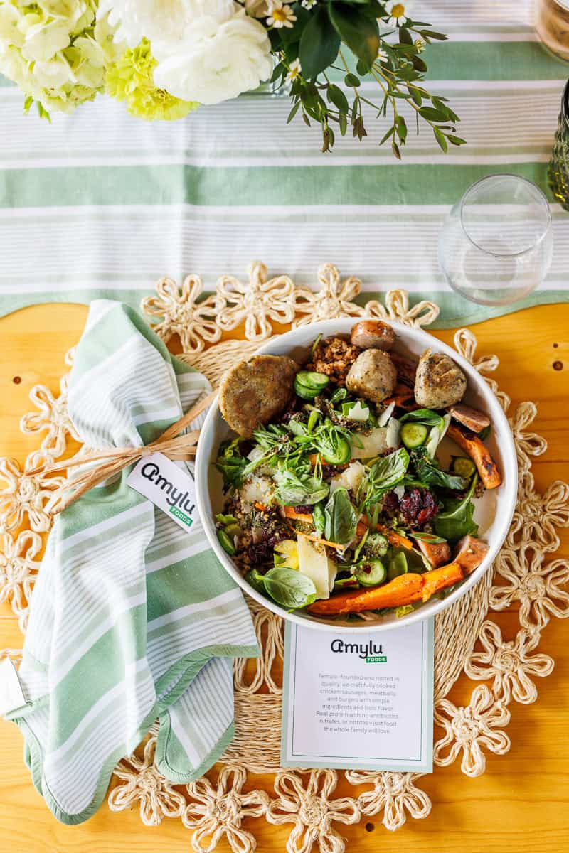 a buddha bowl with amylu foods sausage.