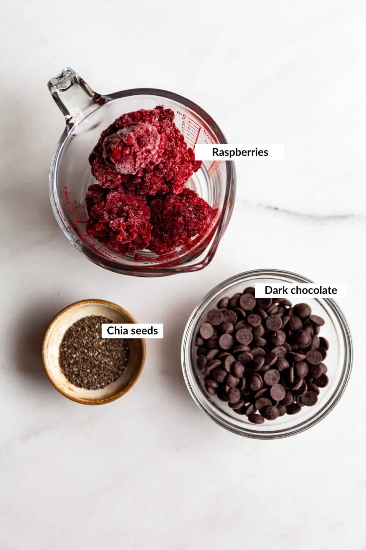 Ingredients to make chocolate chia seed jam bites.