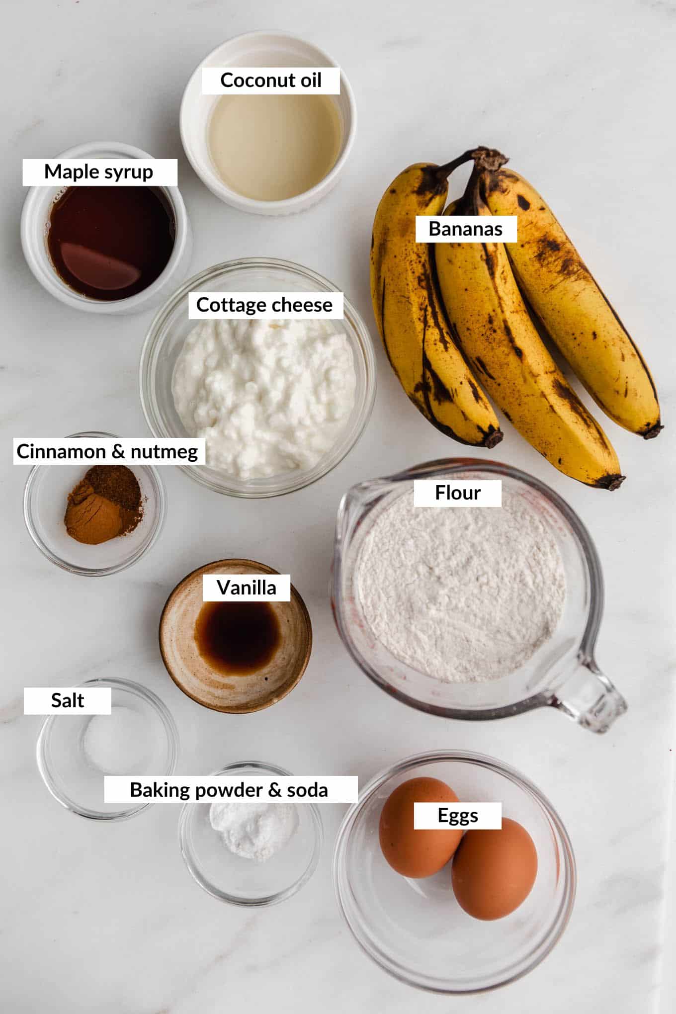 Ingredients to make banana cottage cheese muffins.
