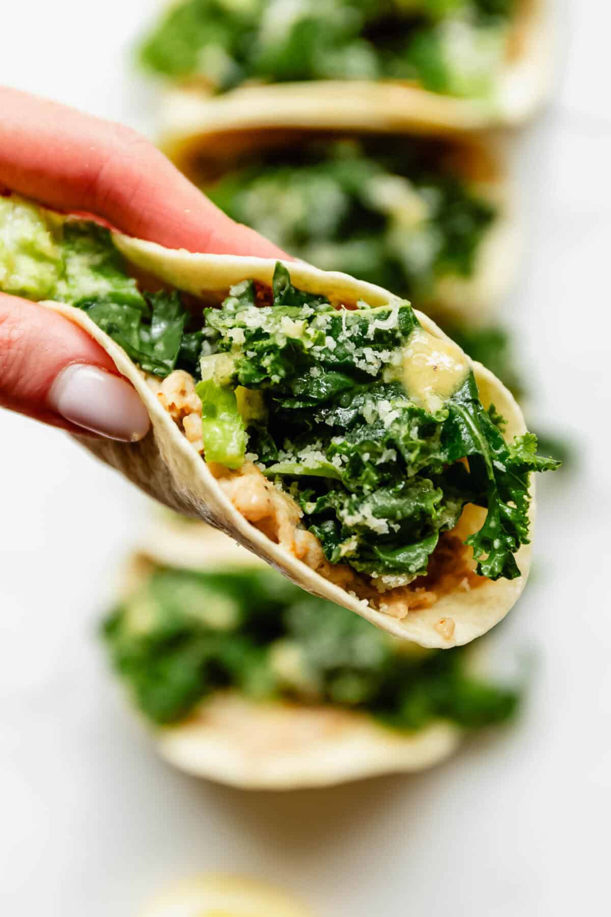 Hand holding a chicken caesar smashed taco filled with kale caesar salad and parmesan cheese.