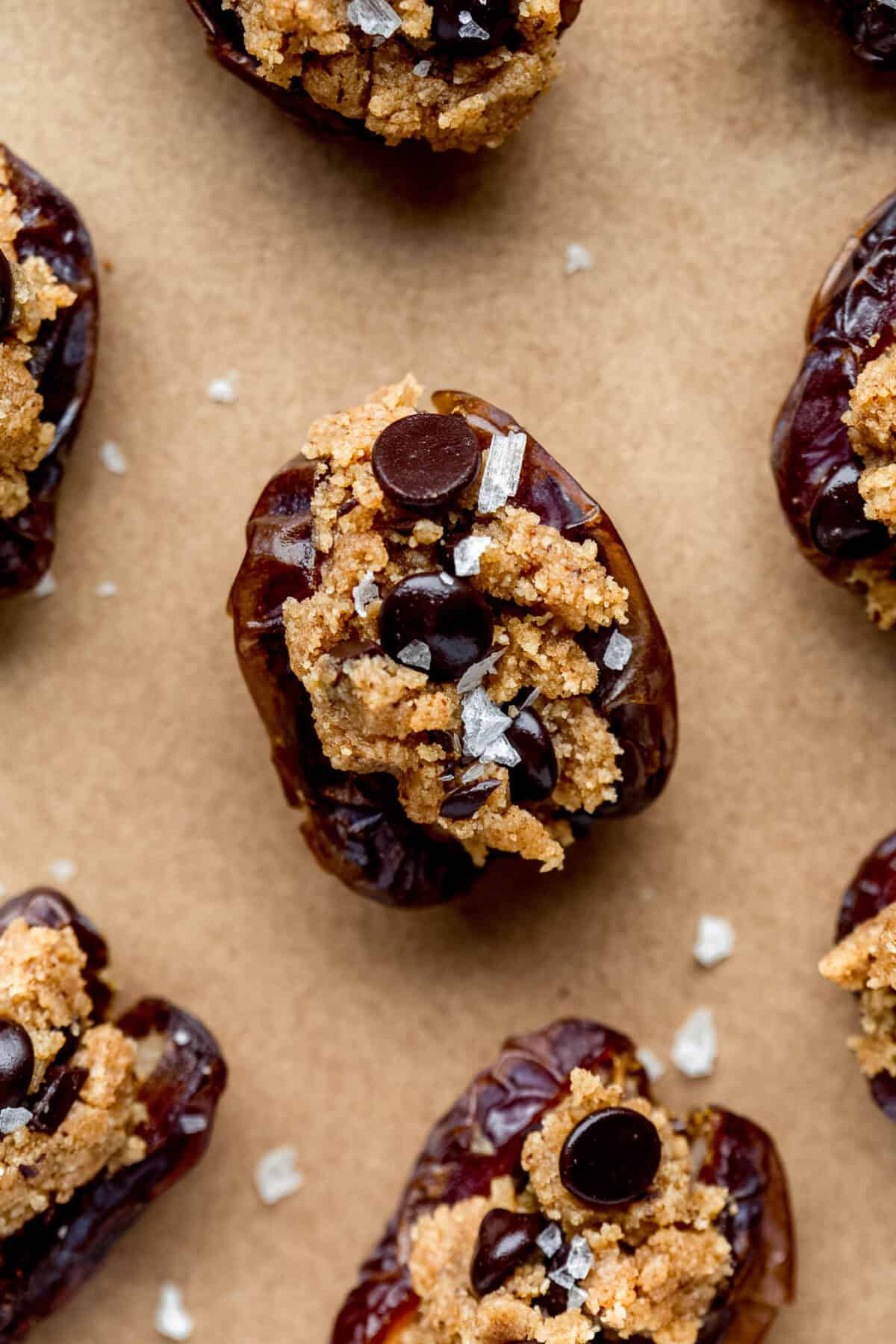 cookie dough stuffed dates topped with chocolate chips and sea salt.
