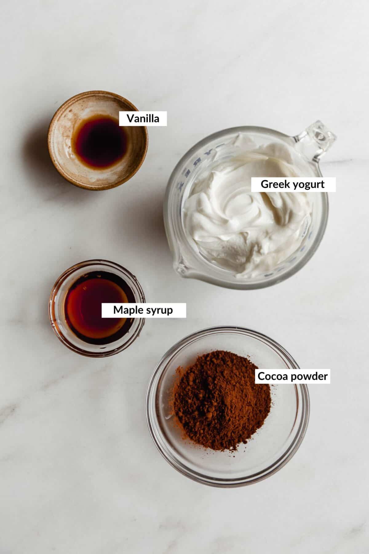 Ingredients for Greek yogurt chocolate mousse.