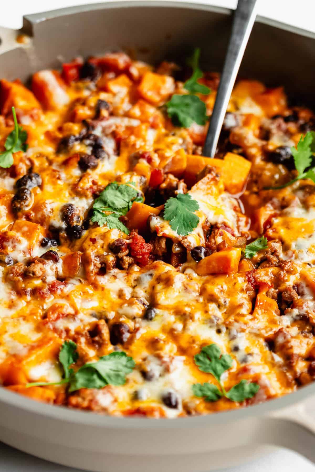 A sweet potato taco skillet with melted cheese topped with cilantro.