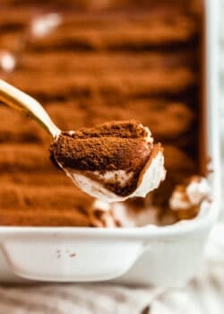 A close-up view of Greek yogurt tiramisu layers showing espresso-soaked ladyfingers.