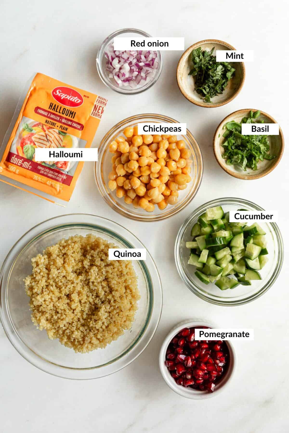 Chickpea halloumi salad ingredients.