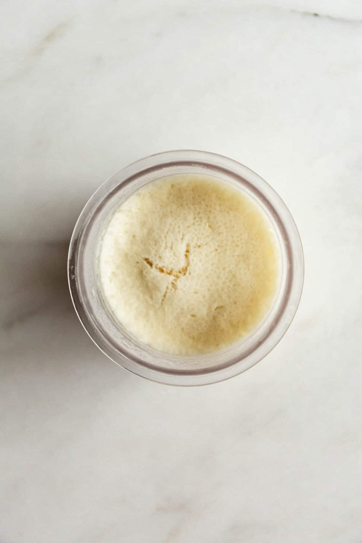Top down view of a frozen cookies and cream Ninja Creami base in the container, ready to be processed.