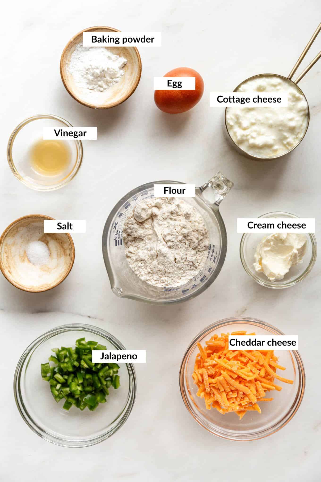 Ingredients for Jalapeno Cheddar Cottage Cheese Biscuits.