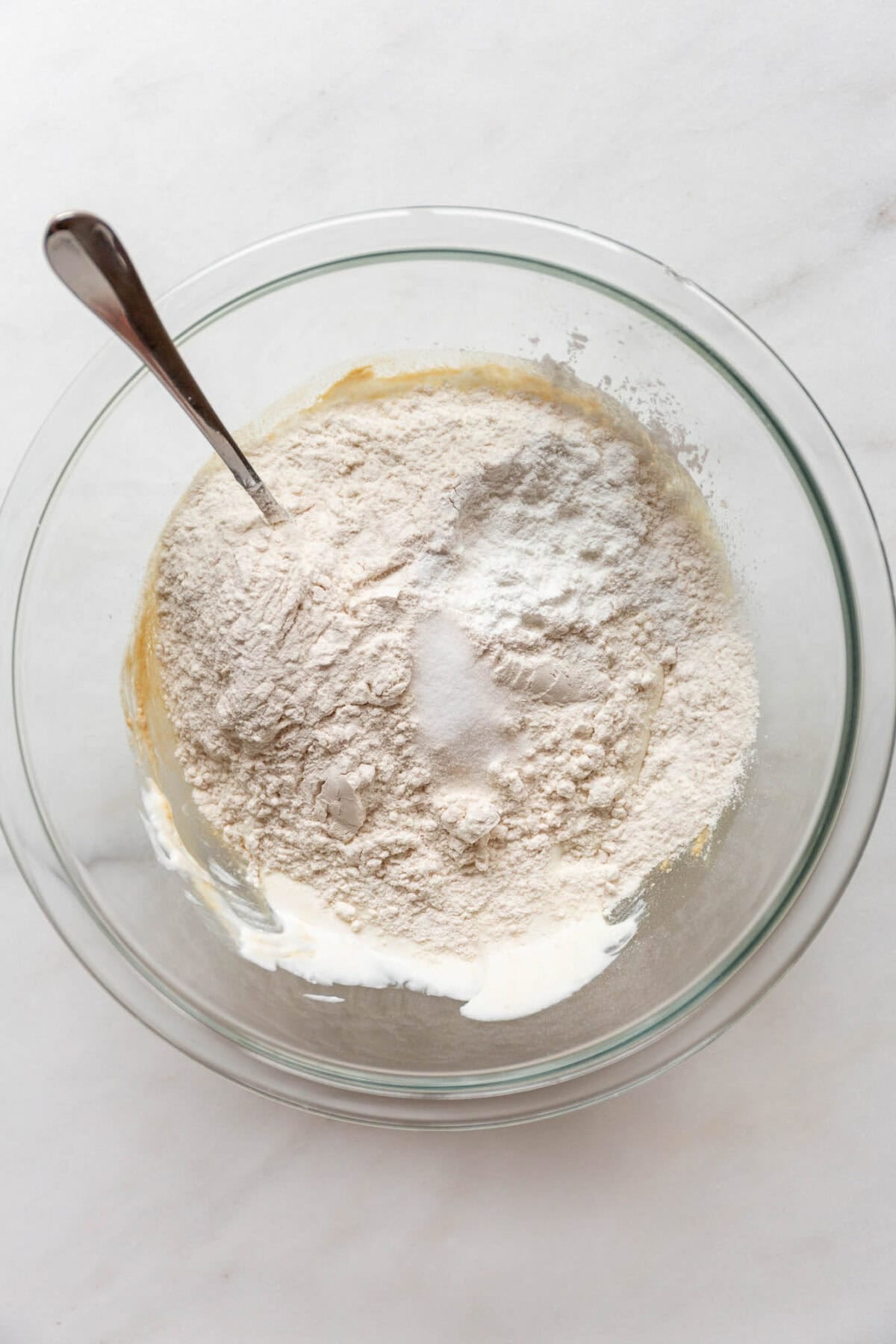 Bowl of flour and cottage cheese.